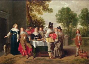 Elegant Company seated at a Table in a Formal Garden